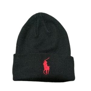 POLO Ralph Lauren Big Pony Black Beanie Hat Cap Red Pony Logo (EUC)